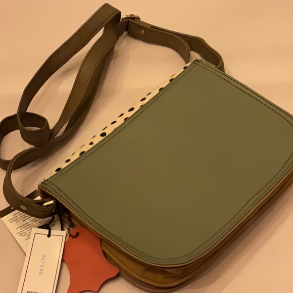 Soruka Recycled Leather Crossbody Bag Orange Cowhide Flap Polka Dot Handcrafted - Picture 4 of 6